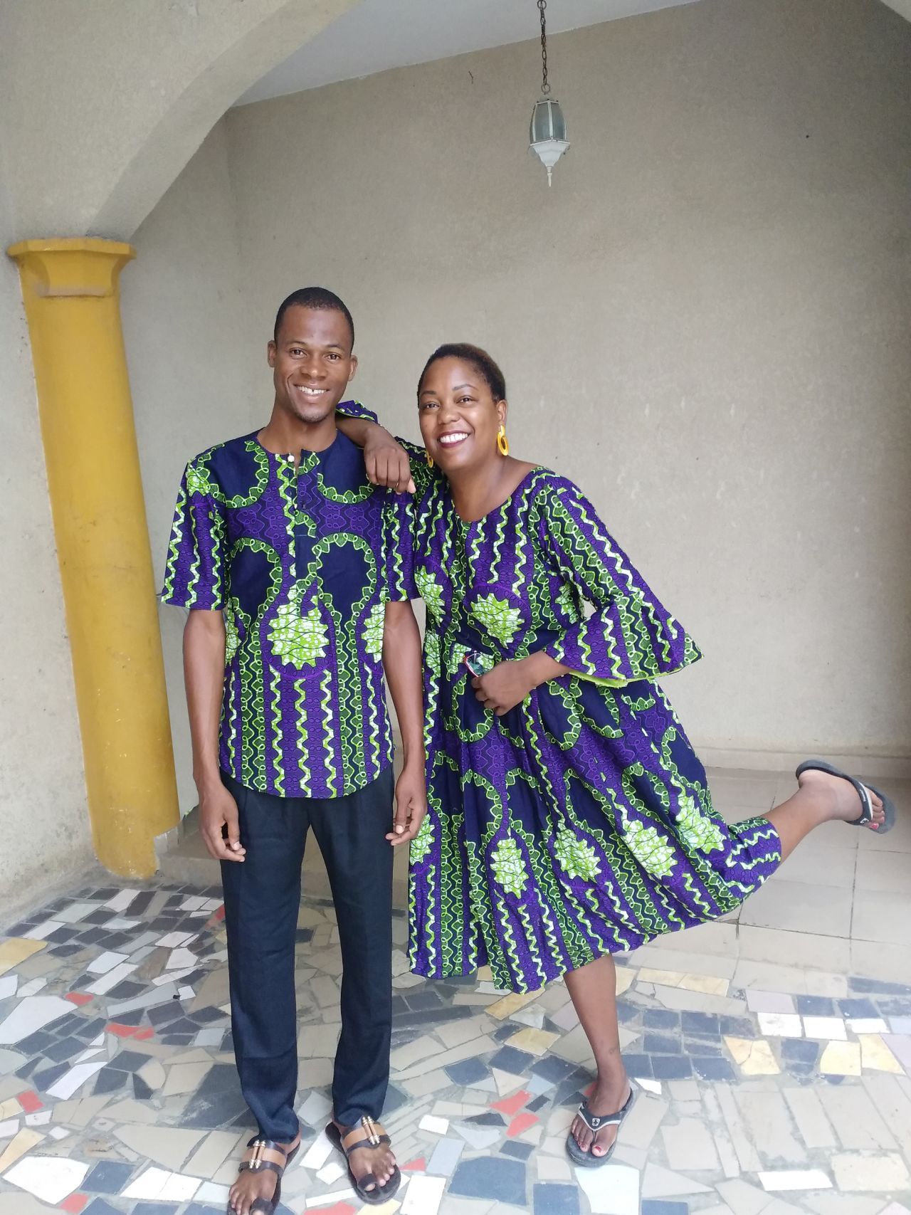 Honoré and Rachel often wear clothing made from matching fabric, a Benin tradition.