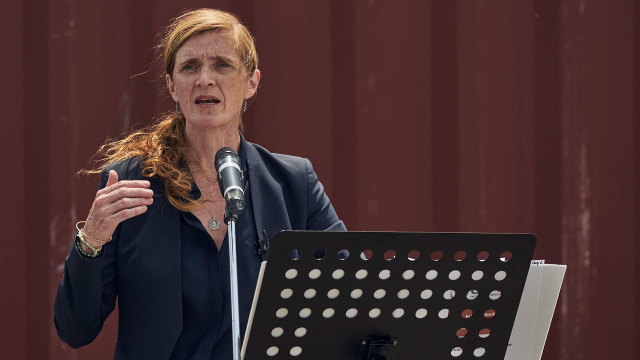 U.S. Agency for International Development Administrator Samantha Power speaks during a news conference at the Port of Odesa, in Odesa, Ukraine, Tuesday, July 18, 2023. (AP Photo/Libkos)