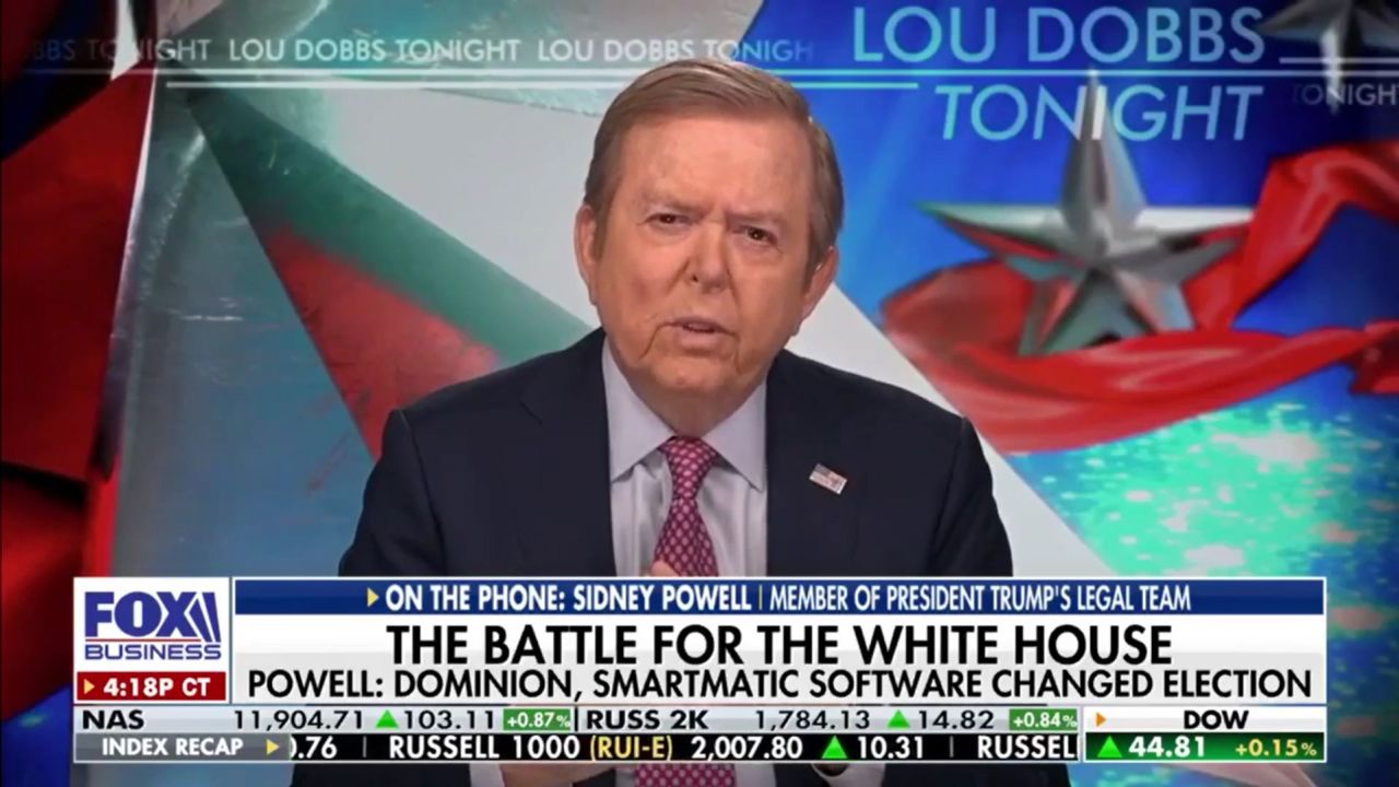 Fox Business host Lou Dobbs conducts a phone interview with pro-Trump lawyer Sidney Powell during the November 19, 2020, edition of 