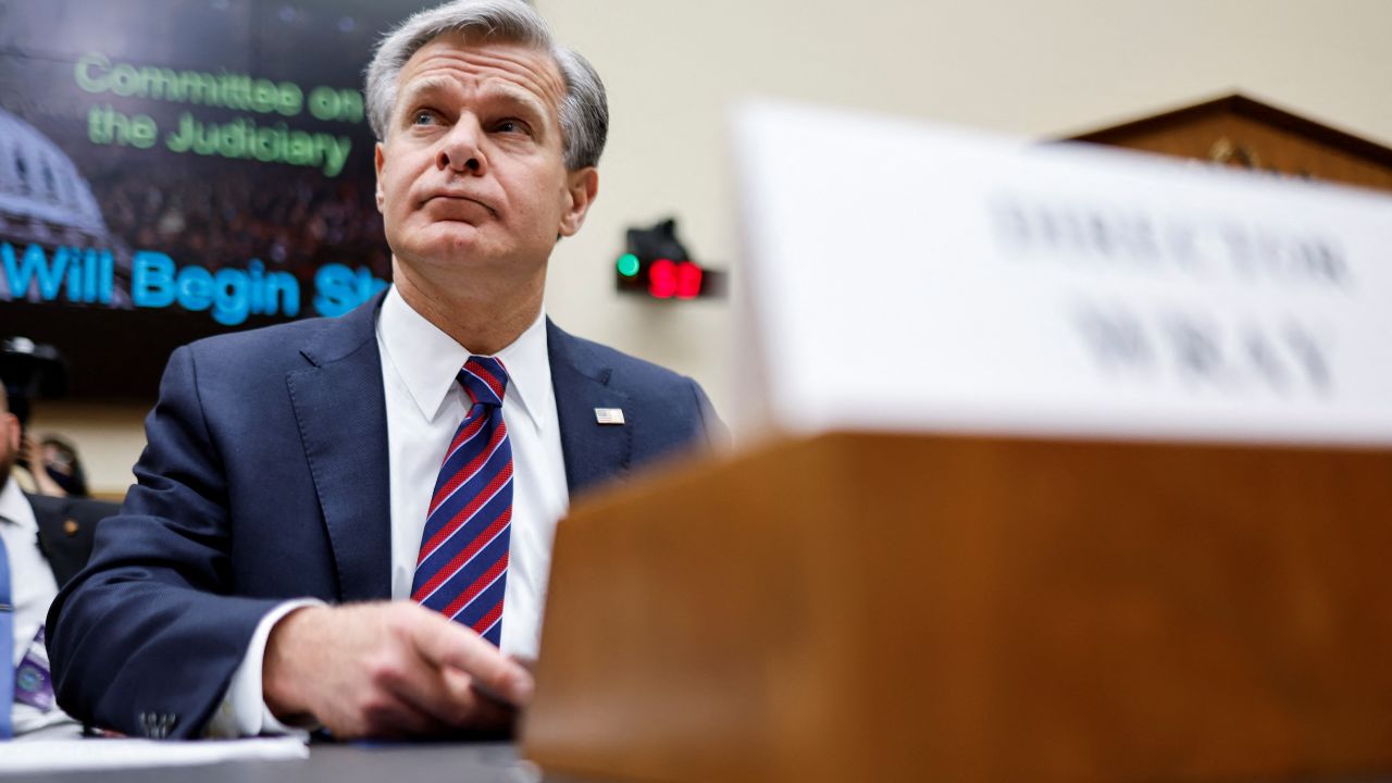 FBI Director Christopher Wray is seated to testify on Capitol Hill in Washington, DC.