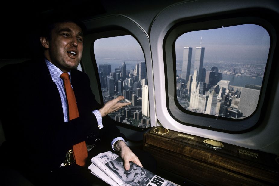 Trump uses his personal helicopter to get around New York in 1987.