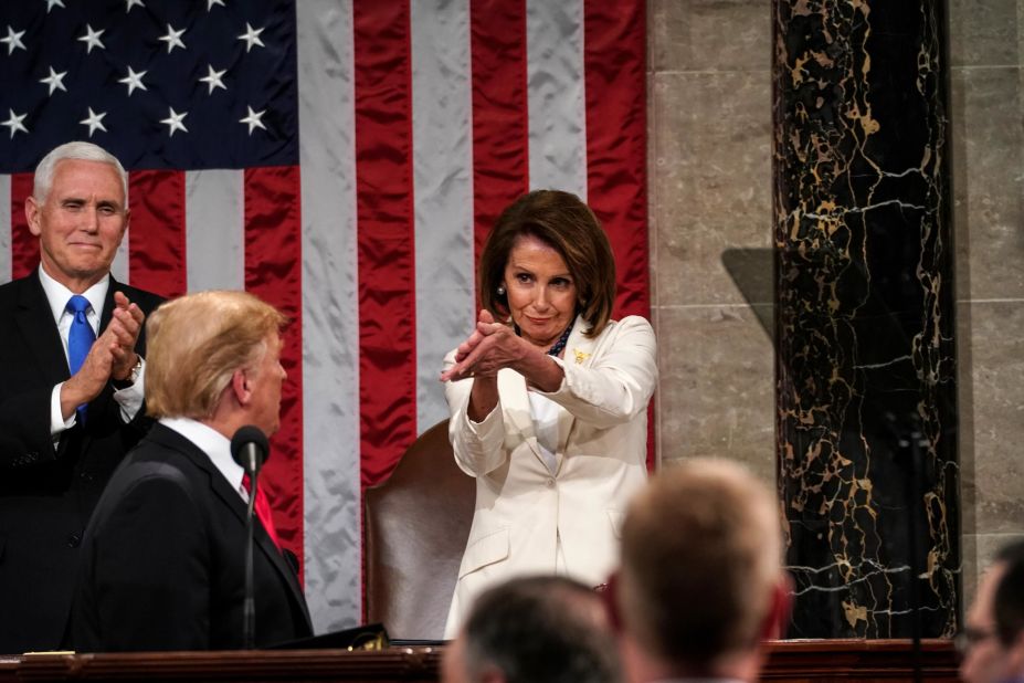 Pelosi and Pence clap during Trump's State of the Union address in February 2019. Because of the record-long government shutdown, <a href=