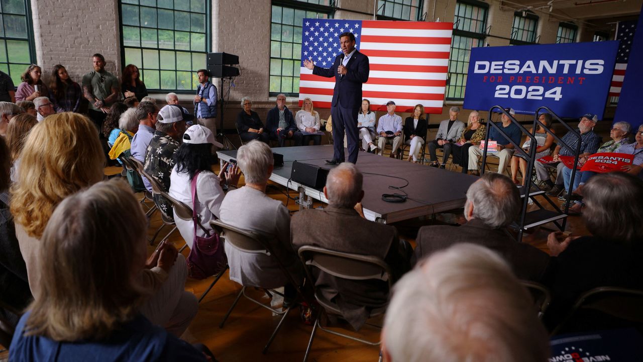 Florida Gov. Ron DeSantis speaks at a campaign event in Newport, New Hampshire, on  August 19, 2023.